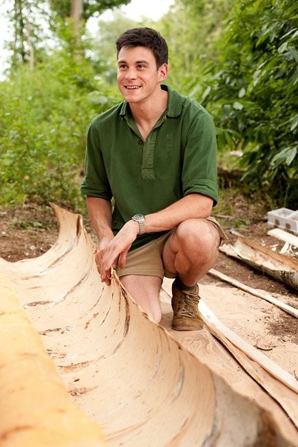 Dan Hume and his Rogue Desert Boots, during Woodlore's Birch Bark Canoe Building course
