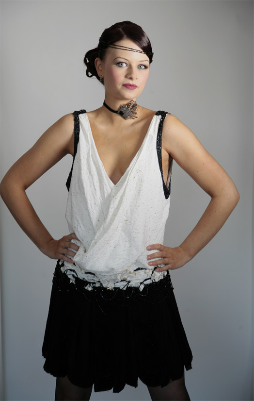 One of Sarah's degree pieces- each dress was inspired by a different tree. It took 3 days with a soldering iron to make the silk look like birch bark.