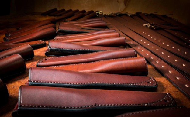 Leather knife sheaths and leather belts